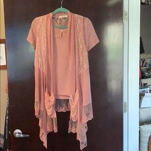 Two piece, dusty coral shirt and vest.